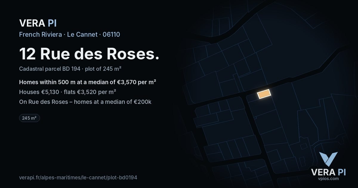 12 Rue des Roses, Le Cannet at night – the plot lit, the parcels around coloured by the prices near them