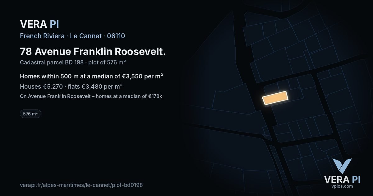 78 Avenue Franklin Roosevelt, Le Cannet at night – the plot lit, the parcels around coloured by the prices near them