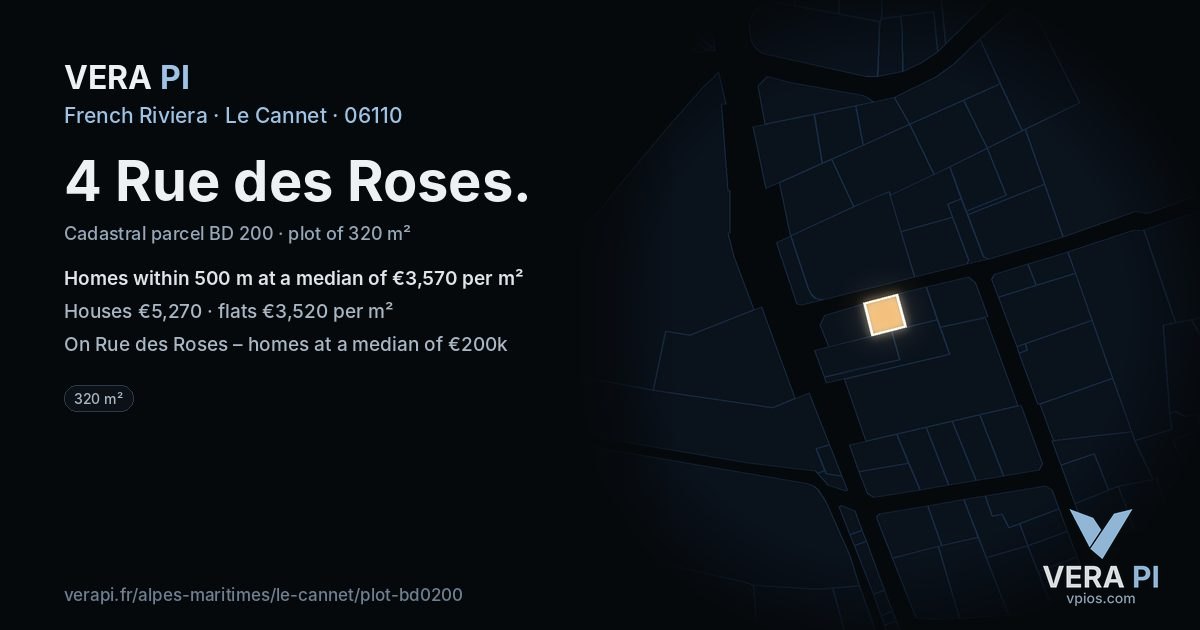 4 Rue des Roses, Le Cannet at night – the plot lit, the parcels around coloured by the prices near them