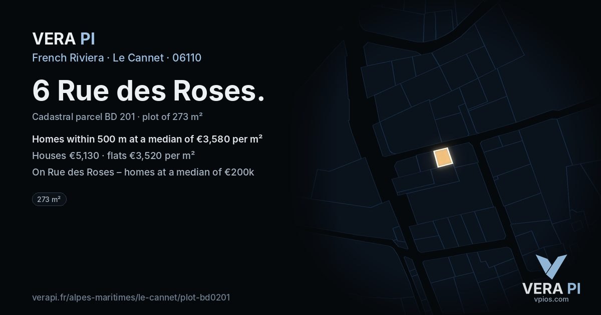 6 Rue des Roses, Le Cannet at night – the plot lit, the parcels around coloured by the prices near them