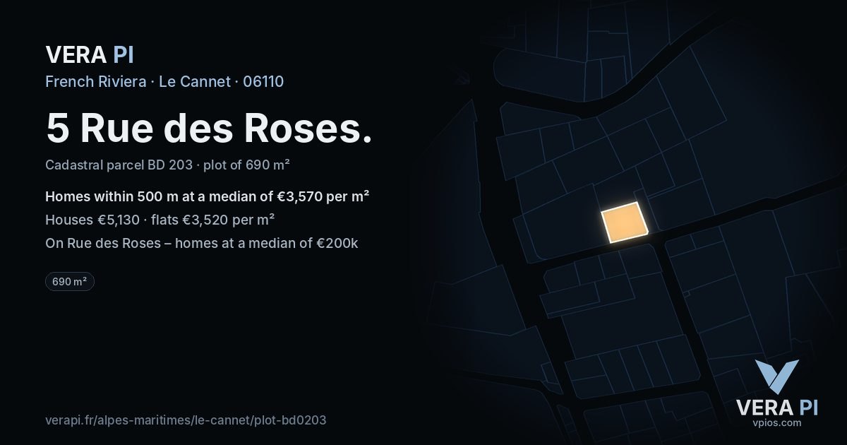 5 Rue des Roses, Le Cannet at night – the plot lit, the parcels around coloured by the prices near them