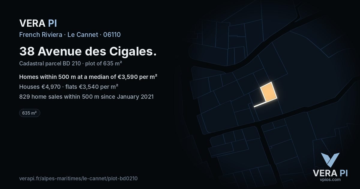 38 Avenue des Cigales, Le Cannet at night – the plot lit, the parcels around coloured by the prices near them