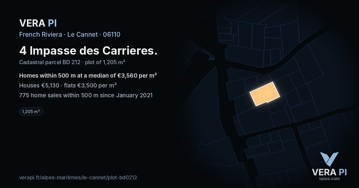 4 Impasse des Carrieres, Le Cannet at night – the plot lit, the parcels around coloured by the prices near them