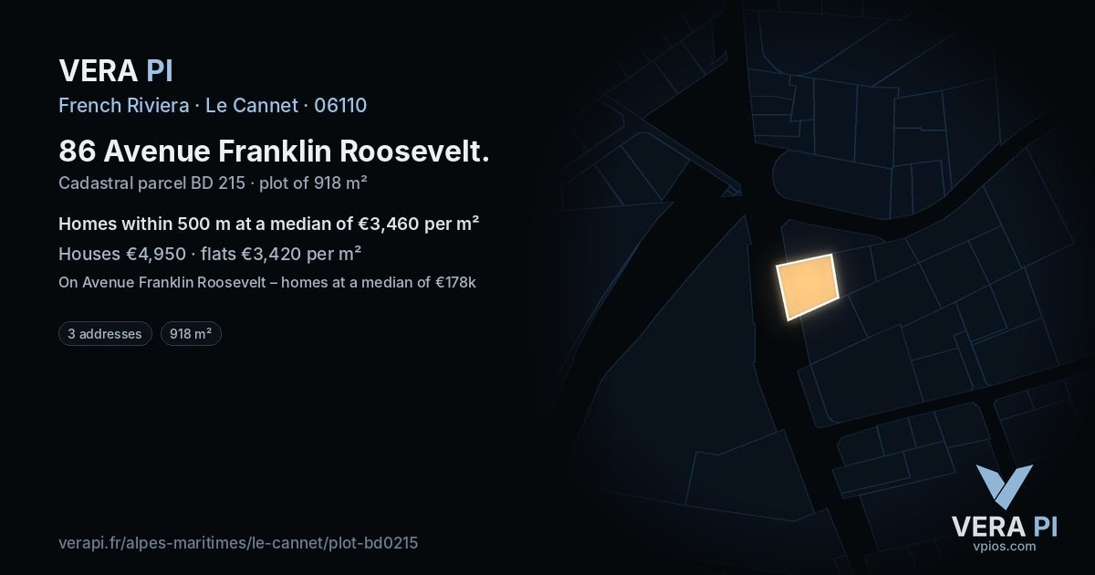 86 Avenue Franklin Roosevelt, Le Cannet at night – the plot lit, the parcels around coloured by the prices near them