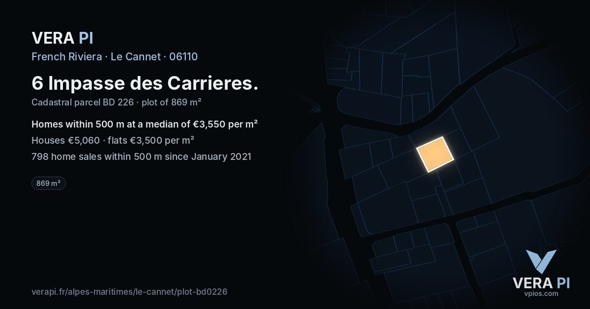6 Impasse des Carrieres, Le Cannet at night – the plot lit, the parcels around coloured by the prices near them