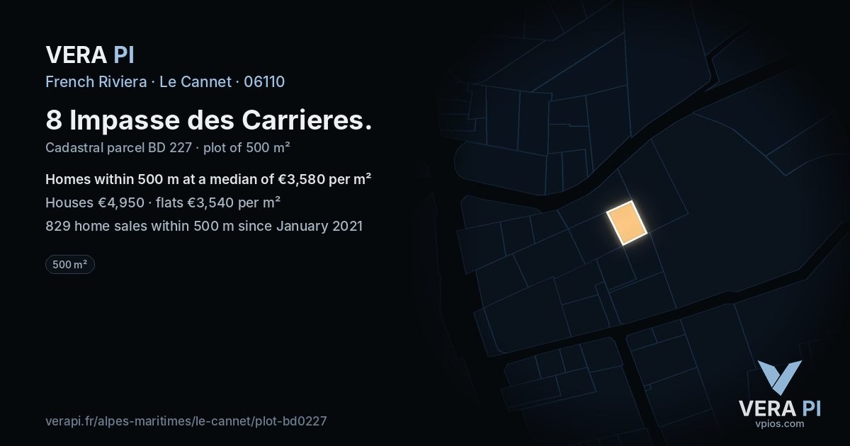 8 Impasse des Carrieres, Le Cannet at night – the plot lit, the parcels around coloured by the prices near them