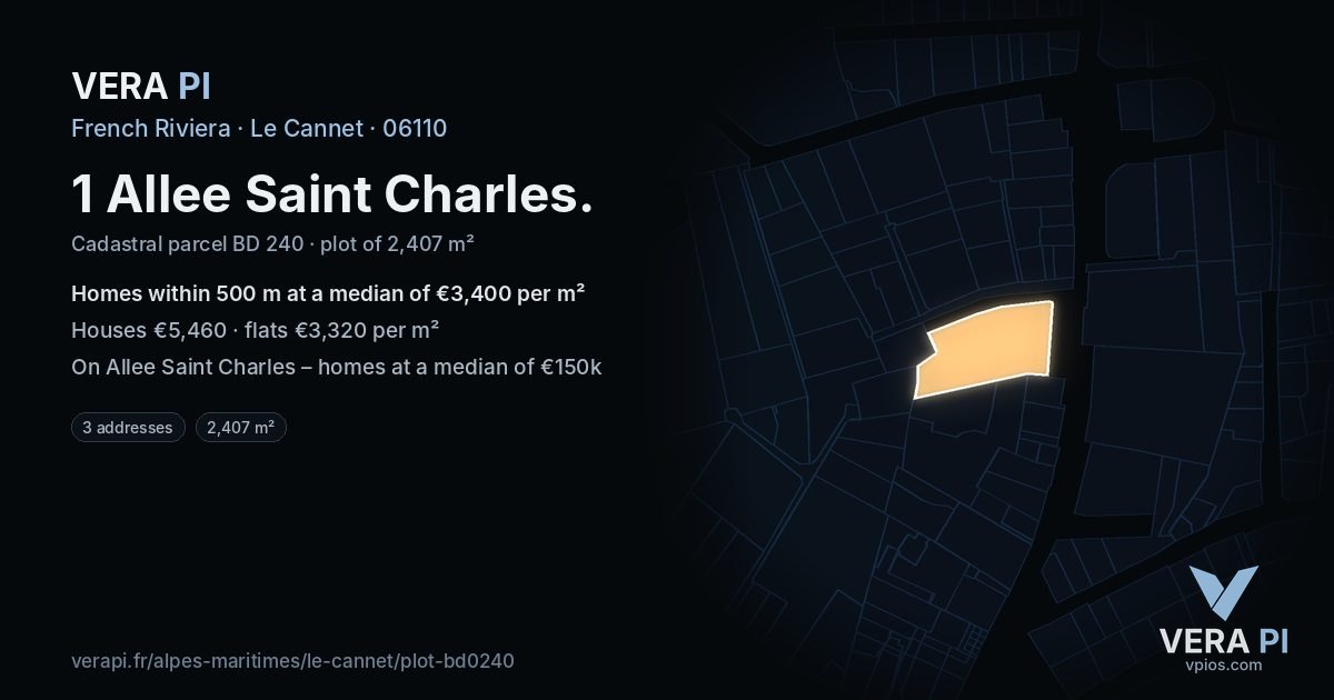 1 Allee Saint Charles, Le Cannet at night – the plot lit, the parcels around coloured by the prices near them