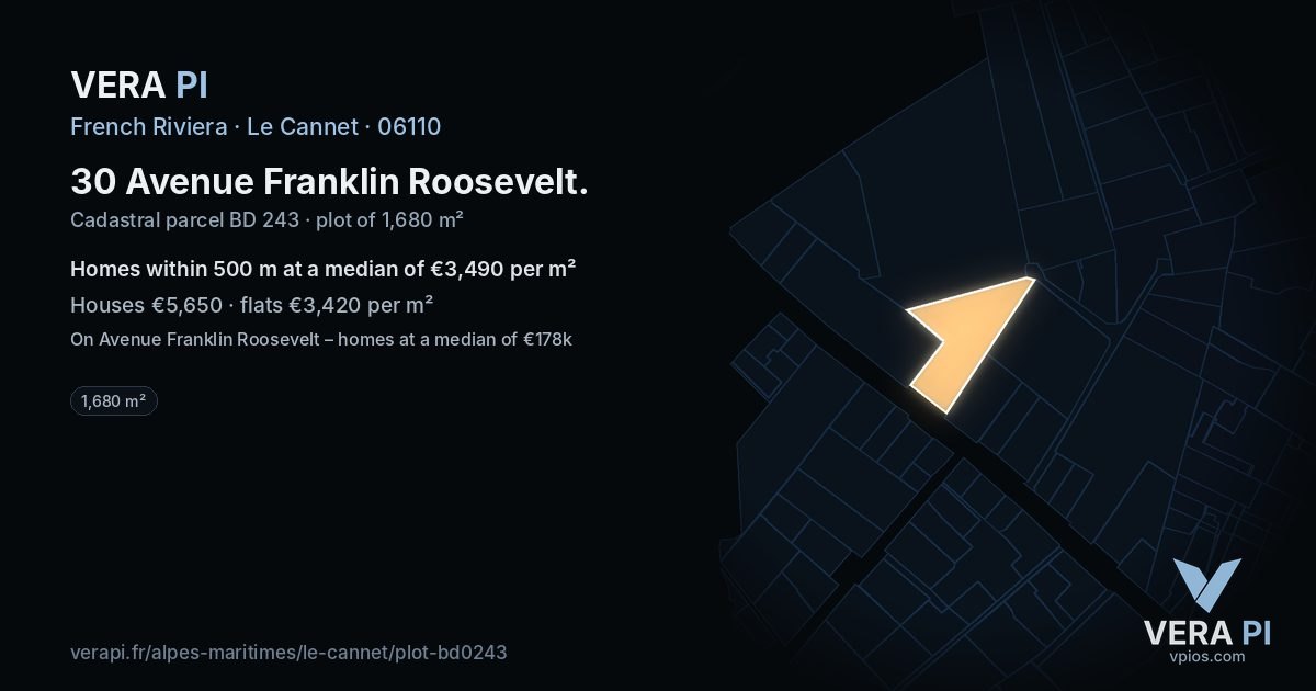 30 Avenue Franklin Roosevelt, Le Cannet at night – the plot lit, the parcels around coloured by the prices near them
