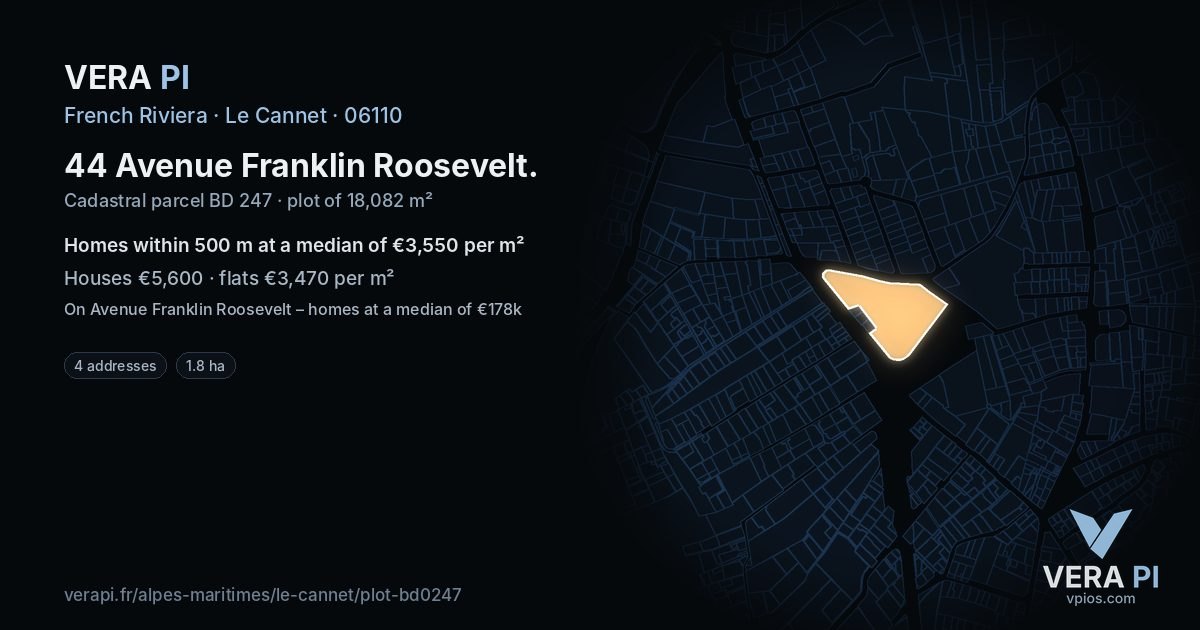 44 Avenue Franklin Roosevelt, Le Cannet at night – the plot lit, the parcels around coloured by the prices near them