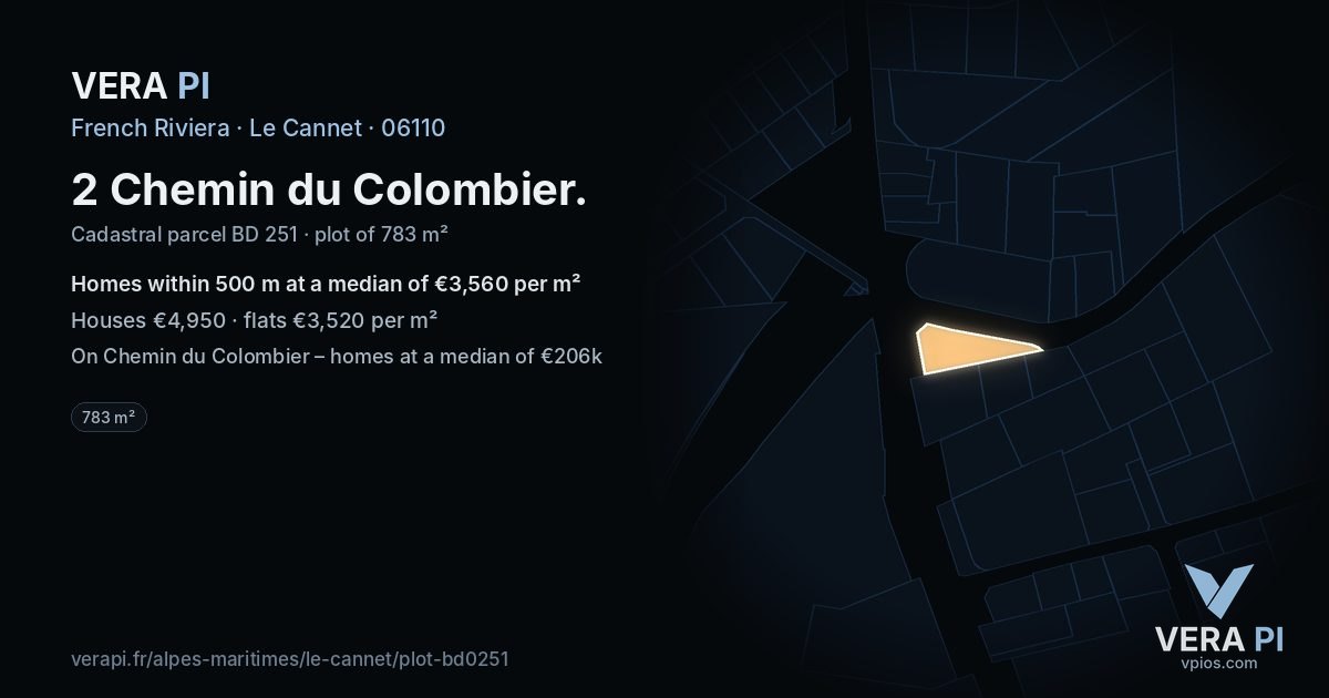 2 Chemin du Colombier, Le Cannet at night – the plot lit, the parcels around coloured by the prices near them