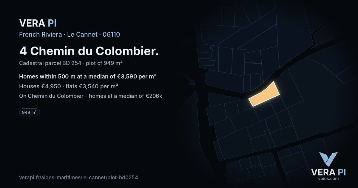 4 Chemin du Colombier, Le Cannet at night – the plot lit, the parcels around coloured by the prices near them
