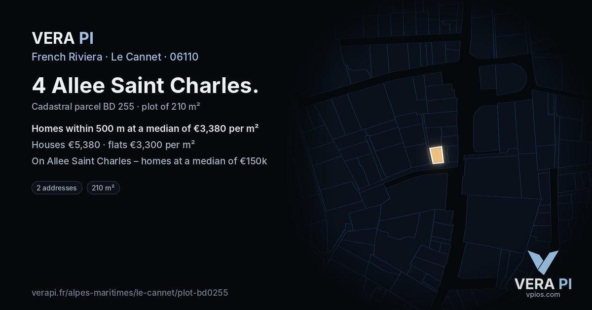 4 Allee Saint Charles, Le Cannet at night – the plot lit, the parcels around coloured by the prices near them