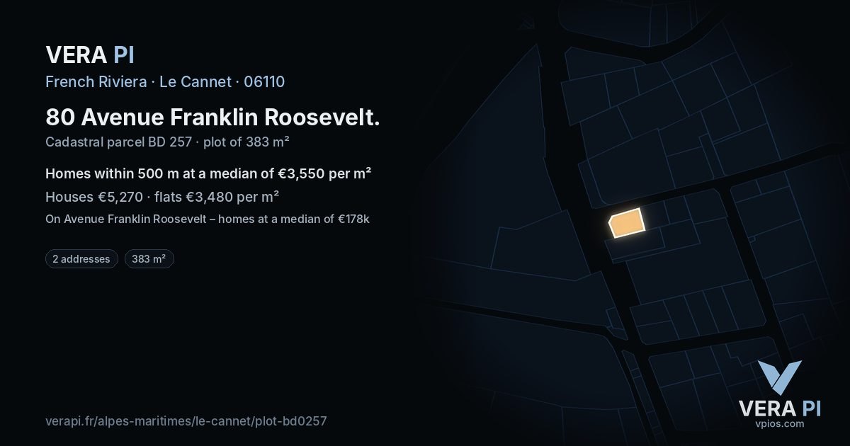 80 Avenue Franklin Roosevelt, Le Cannet at night – the plot lit, the parcels around coloured by the prices near them
