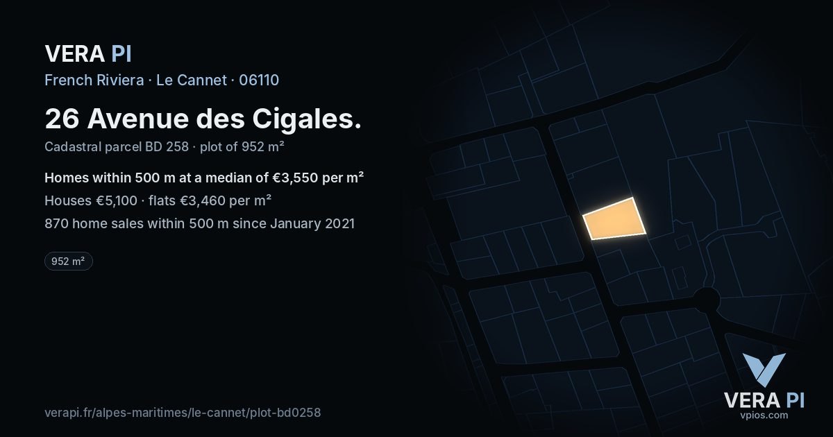 26 Avenue des Cigales, Le Cannet at night – the plot lit, the parcels around coloured by the prices near them