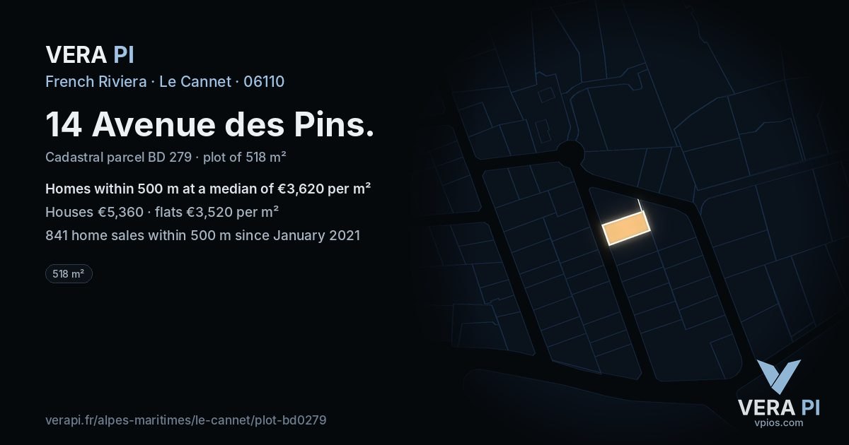 14 Avenue des Pins, Le Cannet at night – the plot lit, the parcels around coloured by the prices near them