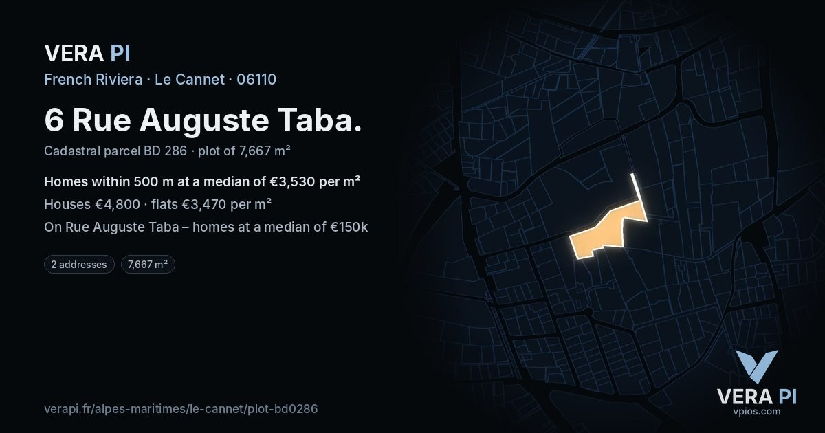 6 Rue Auguste Taba, Le Cannet at night – the plot lit, the parcels around coloured by the prices near them