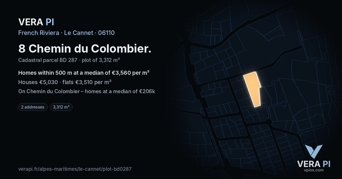 8 Chemin du Colombier, Le Cannet at night – the plot lit, the parcels around coloured by the prices near them