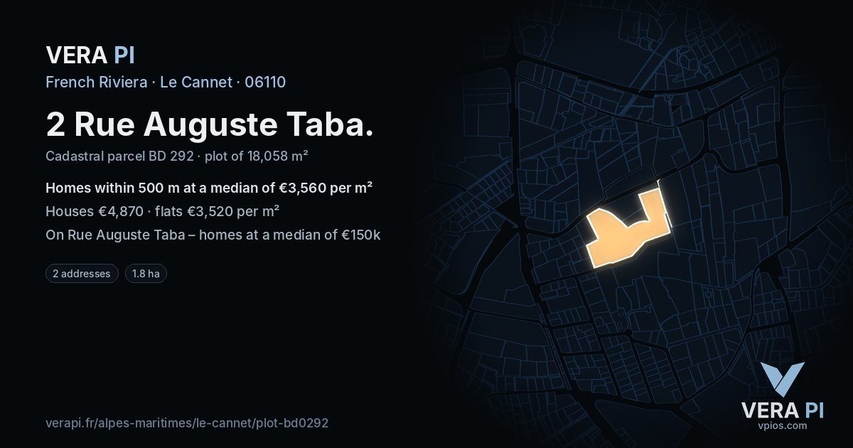 2 Rue Auguste Taba, Le Cannet at night – the plot lit, the parcels around coloured by the prices near them