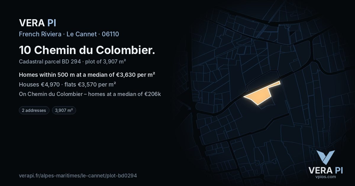 10 Chemin du Colombier, Le Cannet at night – the plot lit, the parcels around coloured by the prices near them