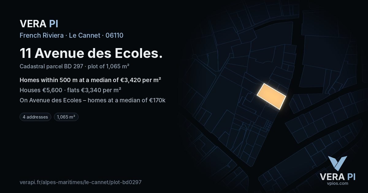 11 Avenue des Ecoles, Le Cannet at night – the plot lit, the parcels around coloured by the prices near them