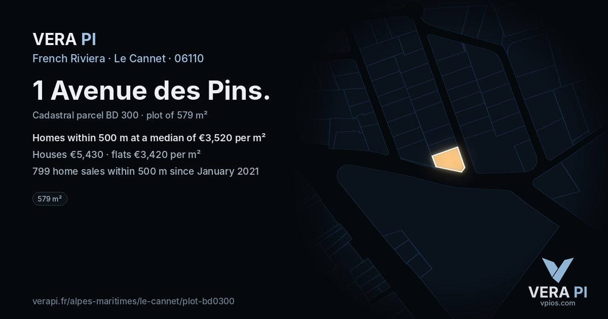 1 Avenue des Pins, Le Cannet at night – the plot lit, the parcels around coloured by the prices near them