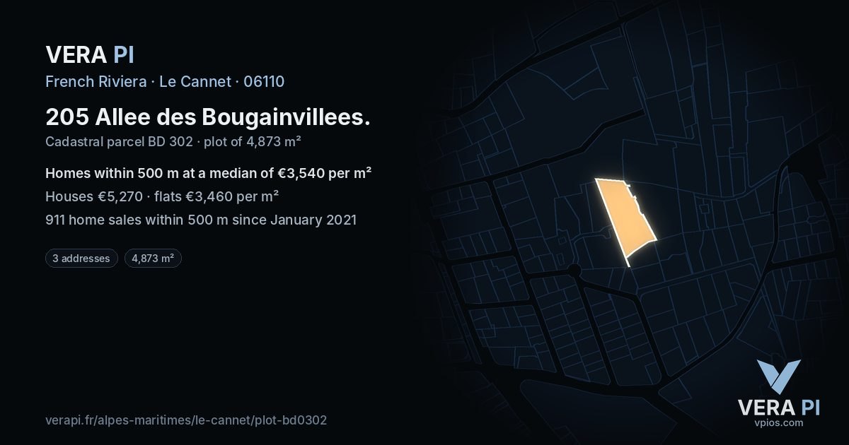 205 Allee des Bougainvillees, Le Cannet at night – the plot lit, the parcels around coloured by the prices near them