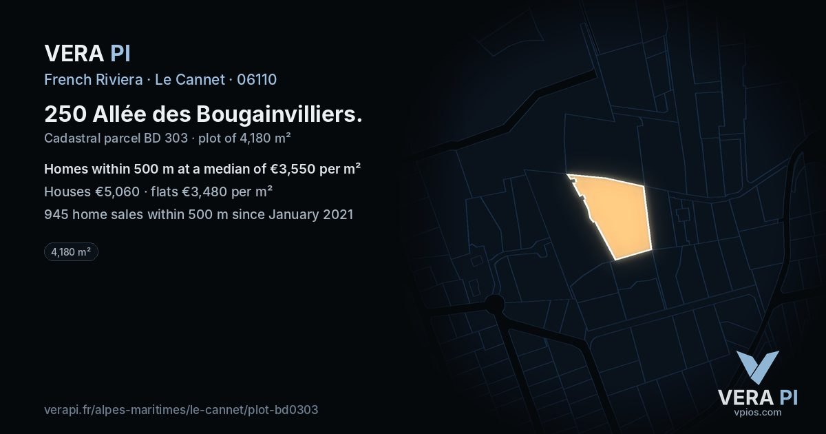 250 Allée des Bougainvilliers, Le Cannet at night – the plot lit, the parcels around coloured by the prices near them