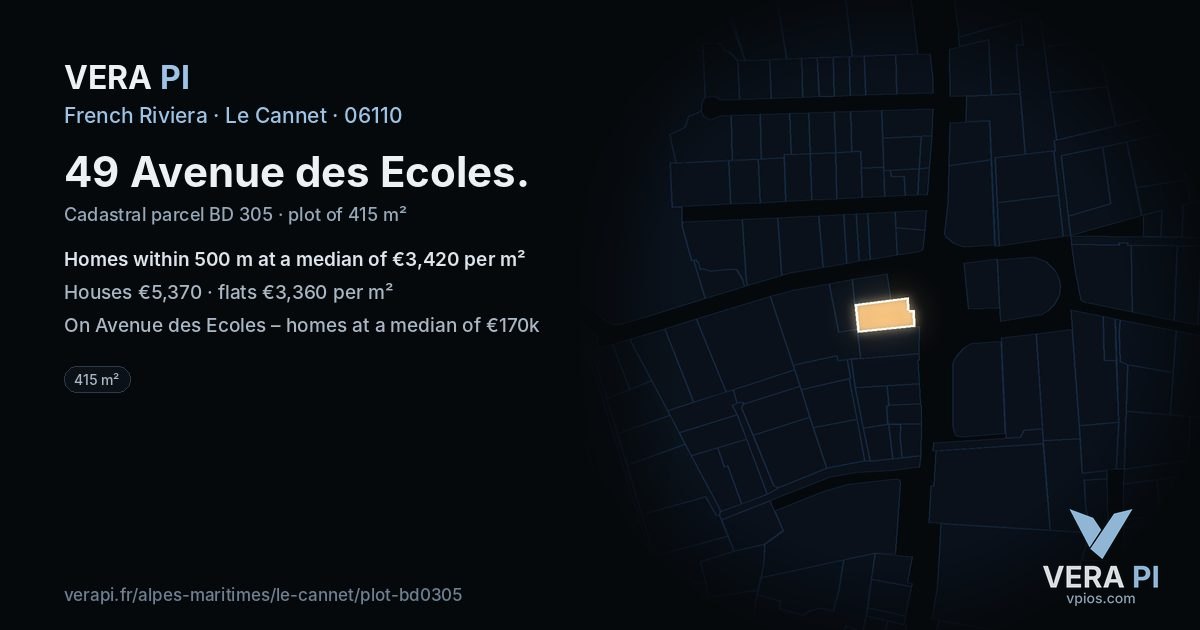 49 Avenue des Ecoles, Le Cannet at night – the plot lit, the parcels around coloured by the prices near them