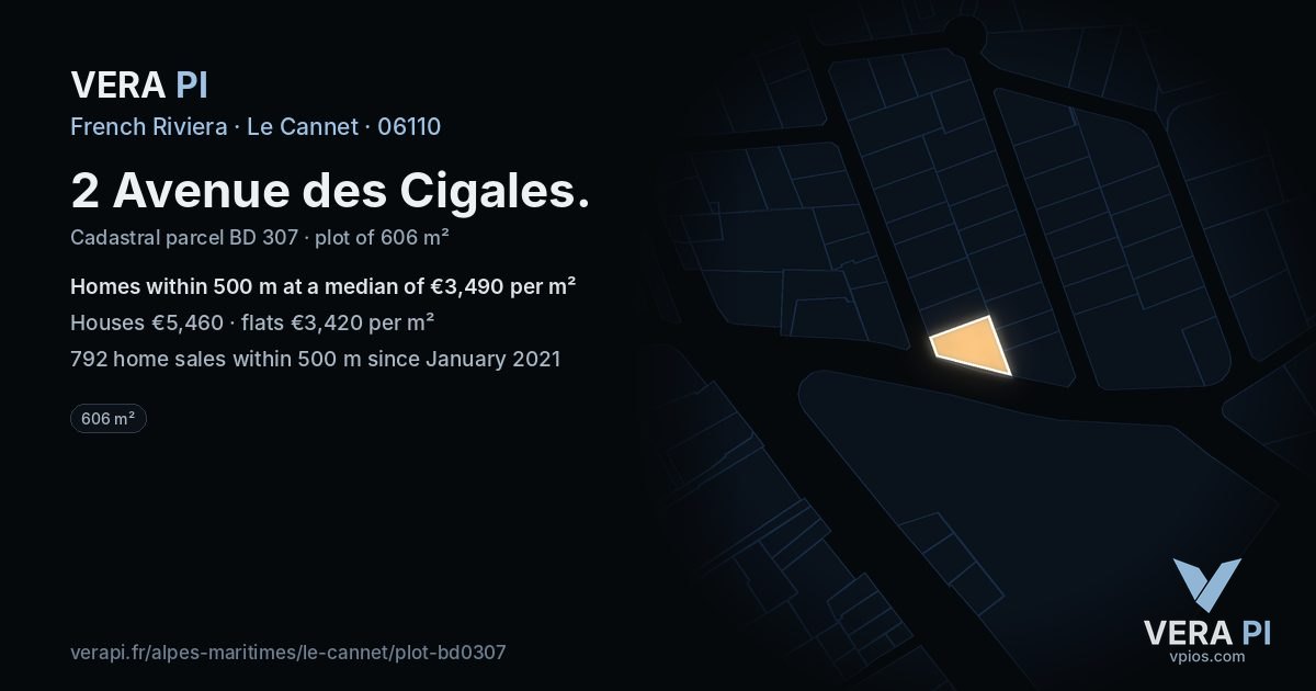 2 Avenue des Cigales, Le Cannet at night – the plot lit, the parcels around coloured by the prices near them