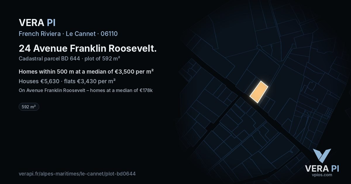 24 Avenue Franklin Roosevelt, Le Cannet at night – the plot lit, the parcels around coloured by the prices near them