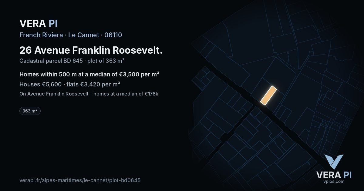 26 Avenue Franklin Roosevelt, Le Cannet at night – the plot lit, the parcels around coloured by the prices near them