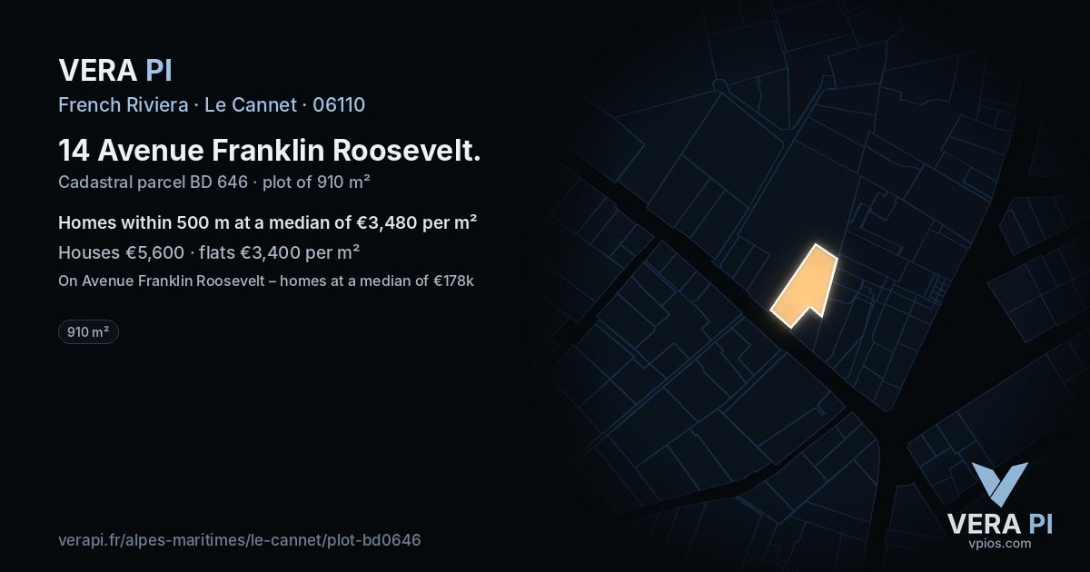 14 Avenue Franklin Roosevelt, Le Cannet at night – the plot lit, the parcels around coloured by the prices near them