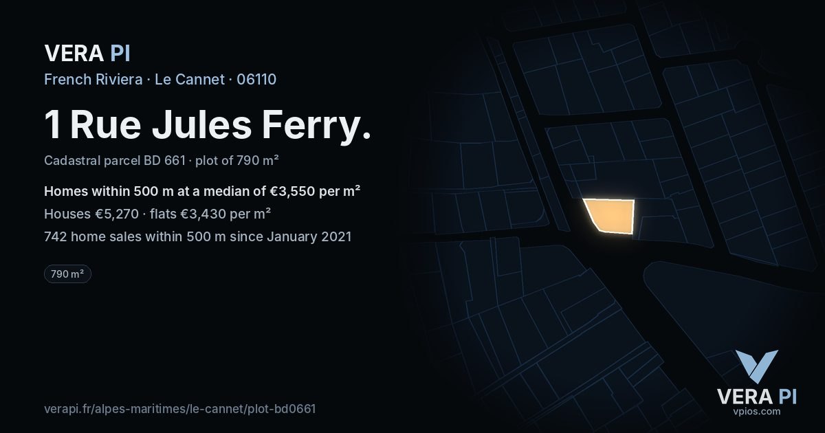 1 Rue Jules Ferry, Le Cannet at night – the plot lit, the parcels around coloured by the prices near them
