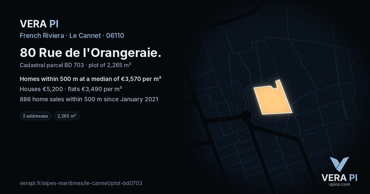 80 Rue de l'Orangeraie, Le Cannet at night – the plot lit, the parcels around coloured by the prices near them