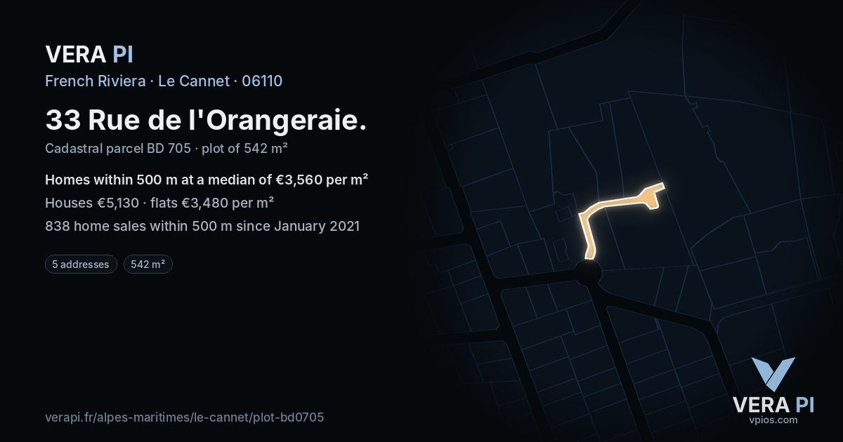 33 Rue de l'Orangeraie, Le Cannet at night – the plot lit, the parcels around coloured by the prices near them
