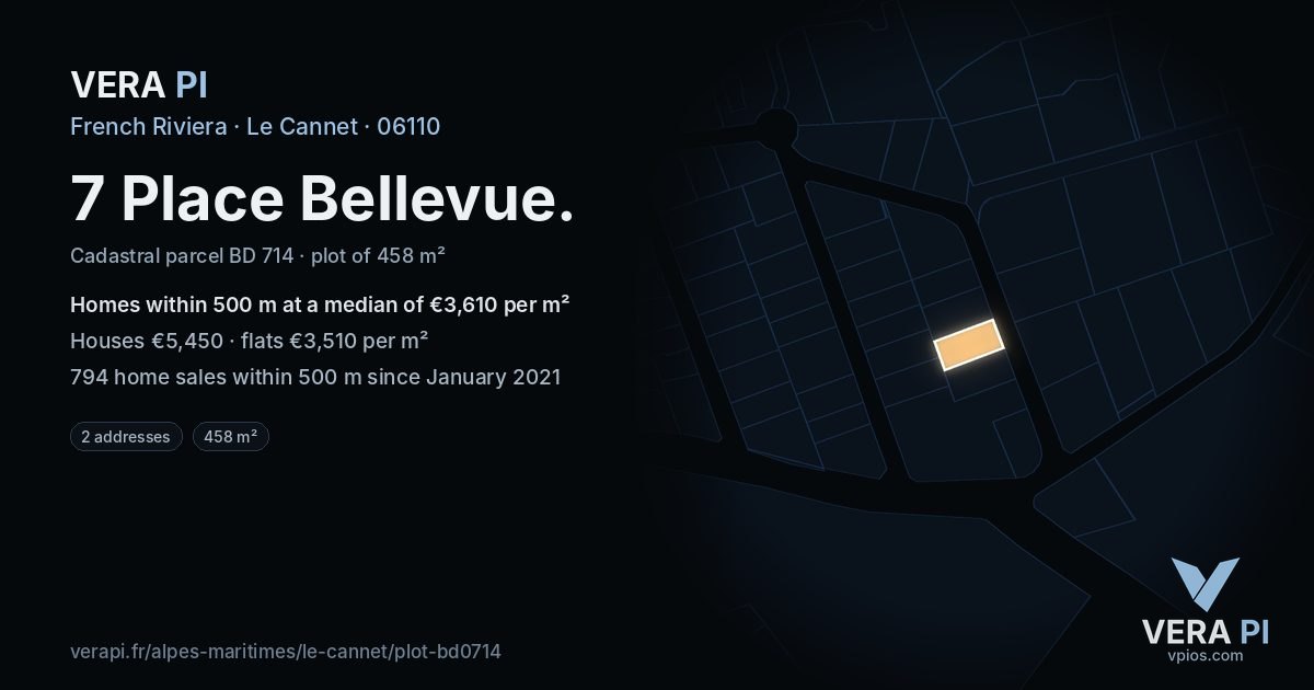 7 Place Bellevue, Le Cannet at night – the plot lit, the parcels around coloured by the prices near them