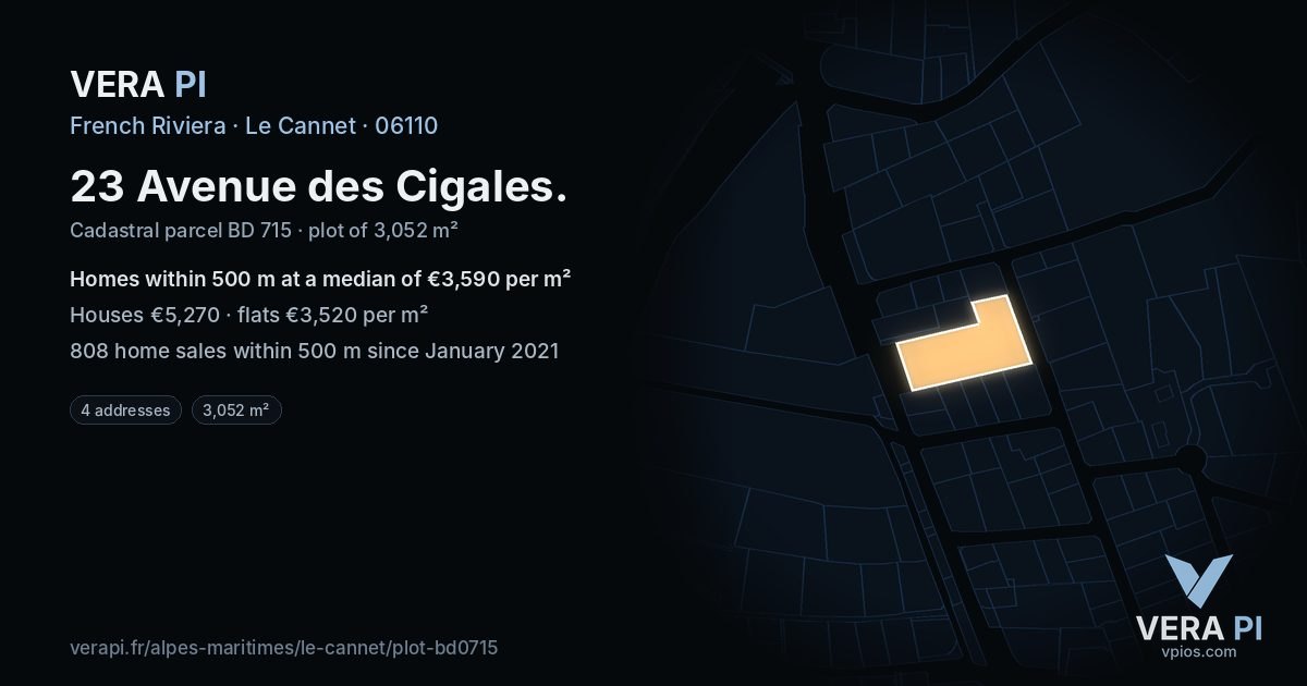 23 Avenue des Cigales, Le Cannet at night – the plot lit, the parcels around coloured by the prices near them