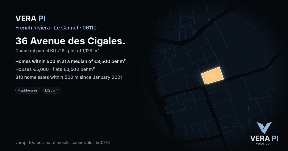 36 Avenue des Cigales, Le Cannet at night – the plot lit, the parcels around coloured by the prices near them