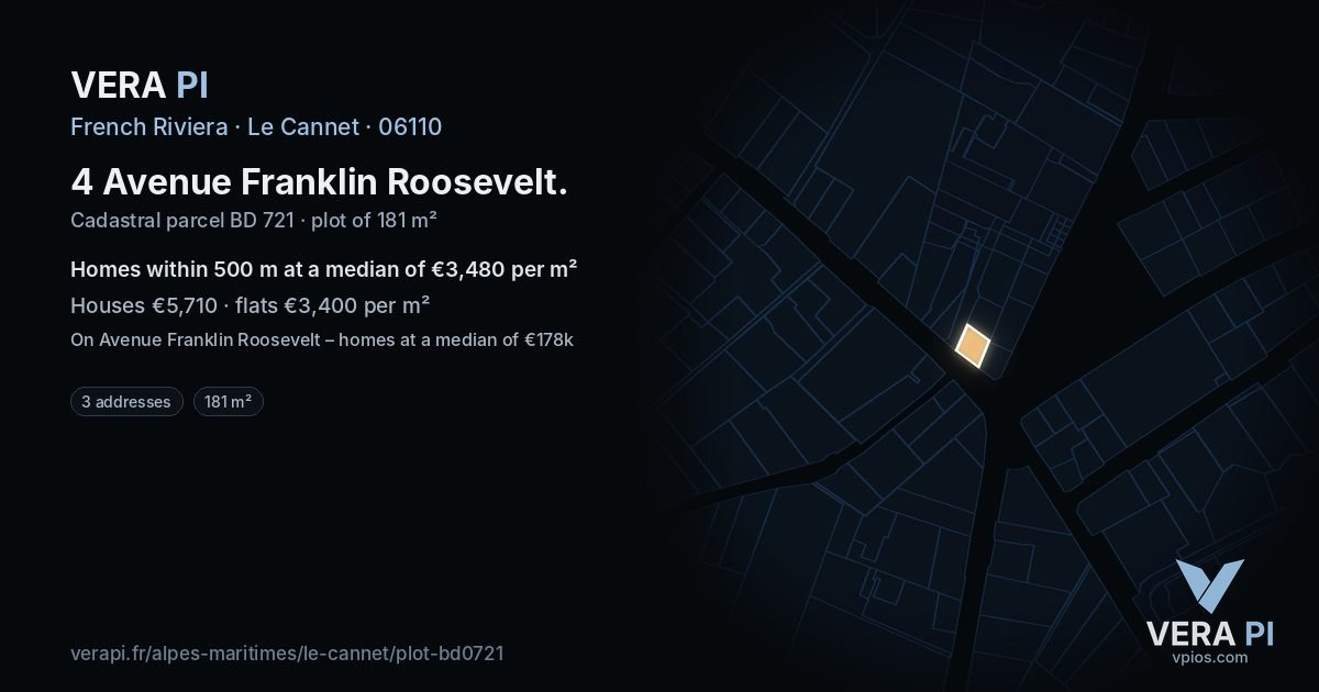 4 Avenue Franklin Roosevelt, Le Cannet at night – the plot lit, the parcels around coloured by the prices near them