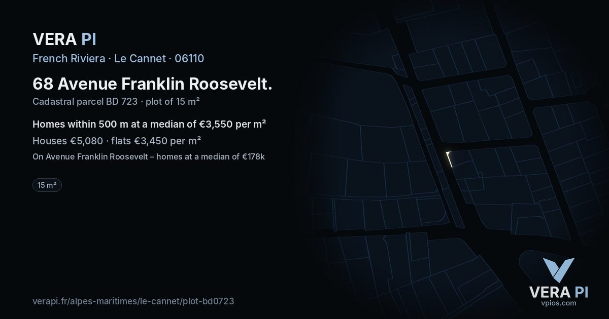 68 Avenue Franklin Roosevelt, Le Cannet at night – the plot lit, the parcels around coloured by the prices near them