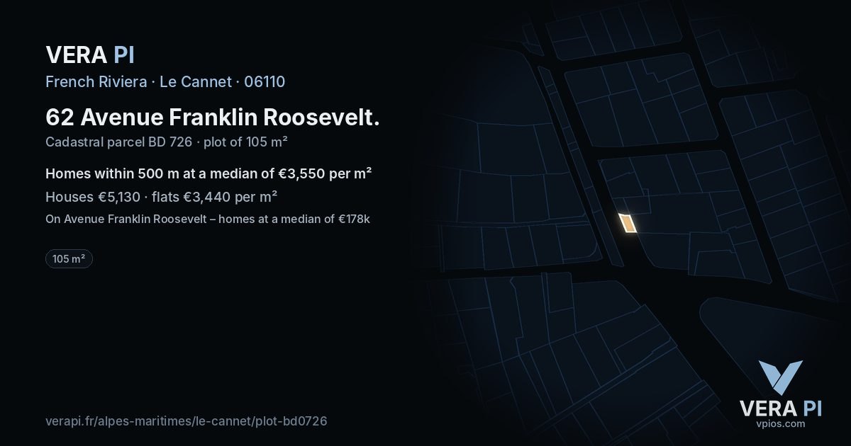 62 Avenue Franklin Roosevelt, Le Cannet at night – the plot lit, the parcels around coloured by the prices near them