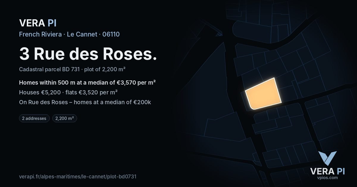 3 Rue des Roses, Le Cannet at night – the plot lit, the parcels around coloured by the prices near them