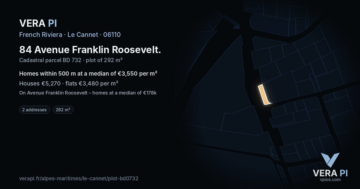 84 Avenue Franklin Roosevelt, Le Cannet at night – the plot lit, the parcels around coloured by the prices near them
