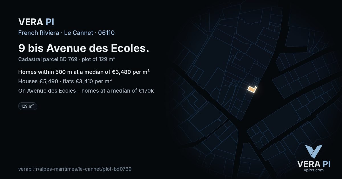 9 bis Avenue des Ecoles, Le Cannet at night – the plot lit, the parcels around coloured by the prices near them