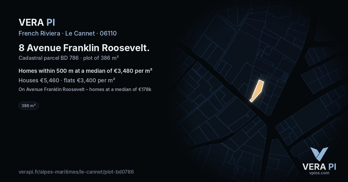 8 Avenue Franklin Roosevelt, Le Cannet at night – the plot lit, the parcels around coloured by the prices near them