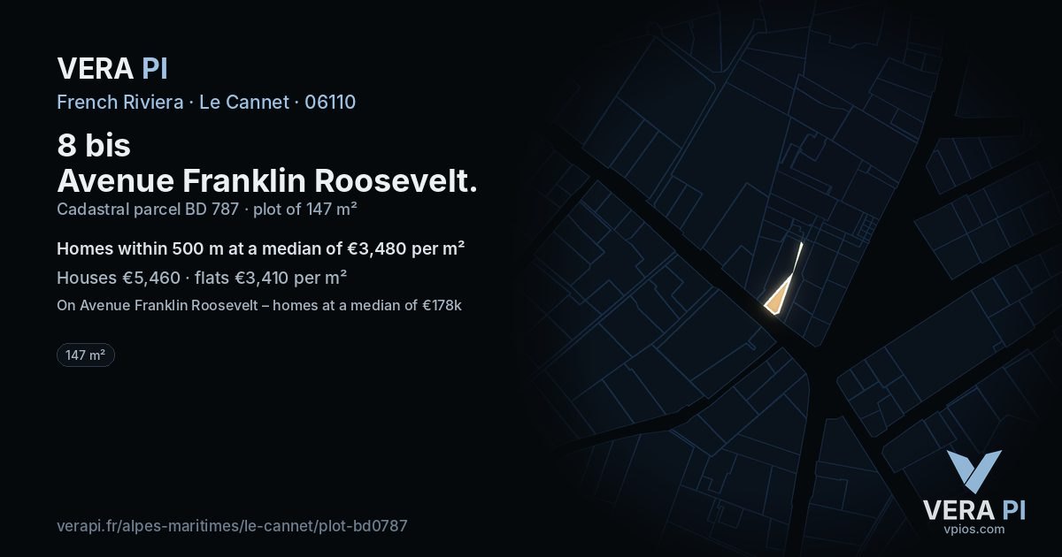 8 bis Avenue Franklin Roosevelt, Le Cannet at night – the plot lit, the parcels around coloured by the prices near them