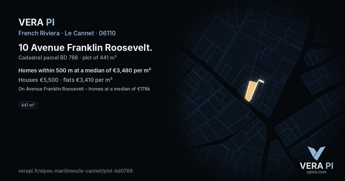 10 Avenue Franklin Roosevelt, Le Cannet at night – the plot lit, the parcels around coloured by the prices near them