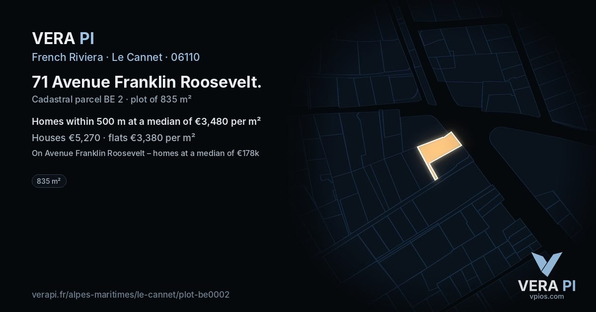71 Avenue Franklin Roosevelt, Le Cannet at night – the plot lit, the parcels around coloured by the prices near them