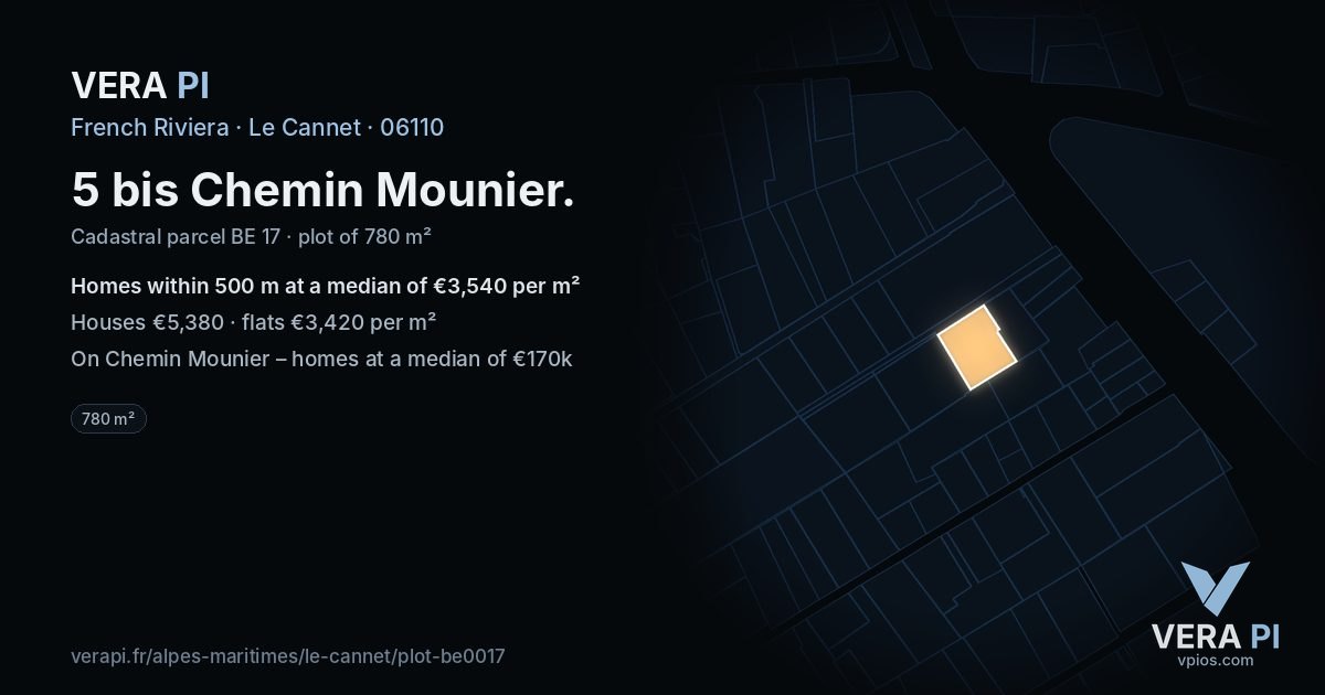 5 bis Chemin Mounier, Le Cannet at night – the plot lit, the parcels around coloured by the prices near them