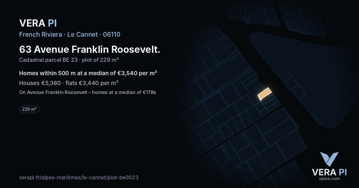 63 Avenue Franklin Roosevelt, Le Cannet at night – the plot lit, the parcels around coloured by the prices near them